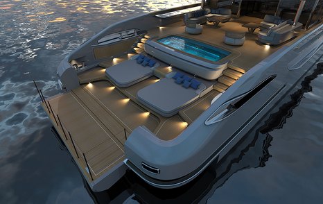 Rendering of Baglietto T52 superyacht extended beach club with sunpads and infinity pool