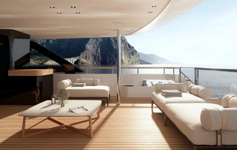Rendering of Custom Line Navetta 35 superyacht aft deck white plush seating