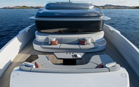 The Extra Yachts X100 Triplex boasts modern, elevated seating for guests to enjoy panoramic views