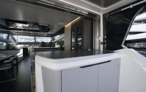 Pearl 73 aft galley and bar viewed from the cockpit