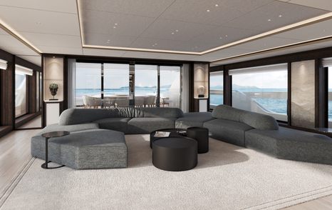 Rendering of Sanlorenzo 58Steel superyacht upper deck saloon with grey modular furniture 