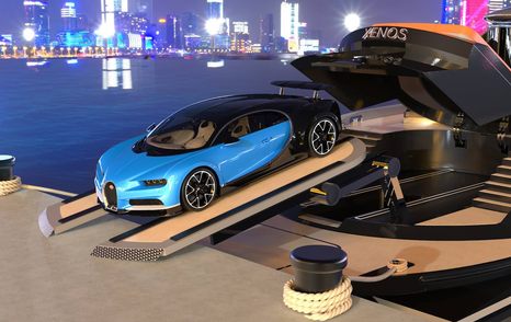 CGI of Bugatti on Xenos superyacht, driving off of bridge onto land