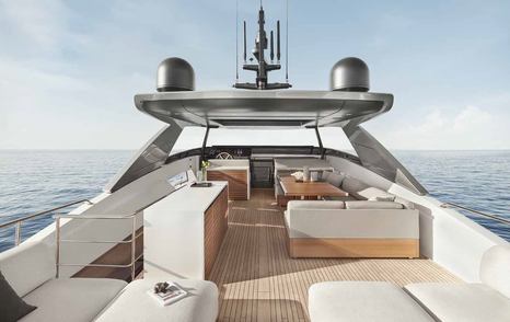 The Sanlorenzo SL90A flybridge features comfortable seating and a second helm station