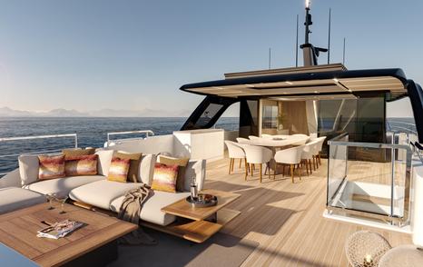 First Majesty 100 Terrace Superyacht sundeck with alfresco dining and L-shaped seating