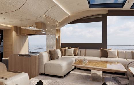 Rendering of Galeon 700 Sky Motor Yacht saloon L-shaped white sofa and beige marbled coffee table 