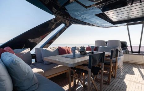 Motor yacht Dogu's flybridge shaded seating 