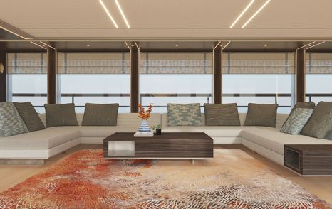 Rendering of Bering 165 Explorer Yacht saloon with U-shaped white sofa