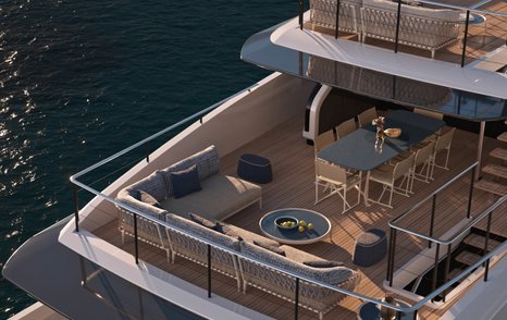 Rendering of Custom Line Saetta 128' superyacht bridge deck with L-shaped sofa and shaded alfresco dining 