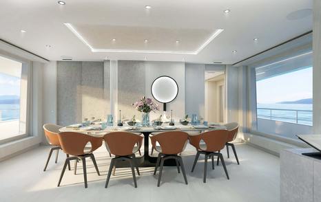 Superyacht Project 717 saloon dining area with brown dining chairs 