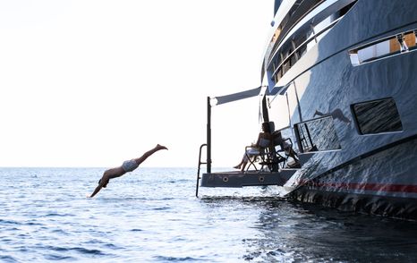 Sirena 118 fold-down stern terrace viewed from the water