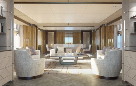 Overview of main salon onboard Heesen Project Pollux , scattered sofas and armchairs around the edges of the room, looking in on a glass coffee table