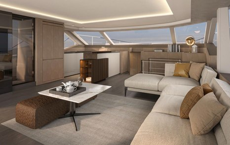 Rendering of Prestiga M7 Catamaran main saloon with L-shaped sofa