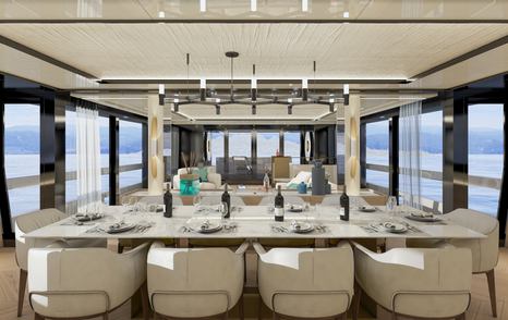 Interior dining area onboard Arcadia A115, central table adorned with 10 white chairs, surrounded by wide expanse of windows