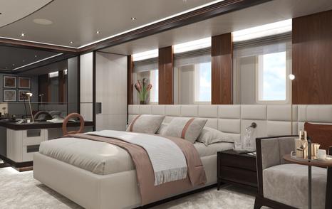 Overview of a guest cabin onboard Heesen superyacht SOLEMATES with a central berth and a desk under some windows