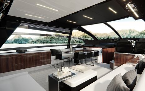 Sofas and tables in airy interior of Riva 76 Super Perseo