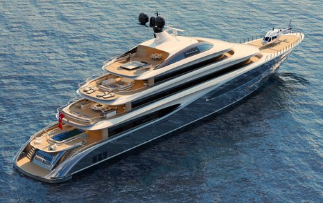 Turquoise superyacht Rafale at anchor aerial view
