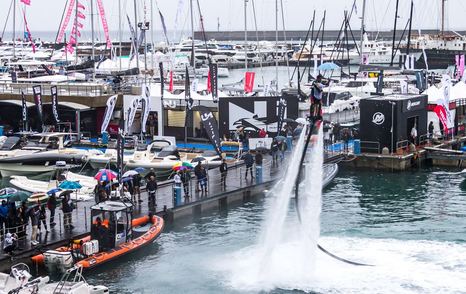 A flyboarding demonstrator in action at the Genoa International Boat Show