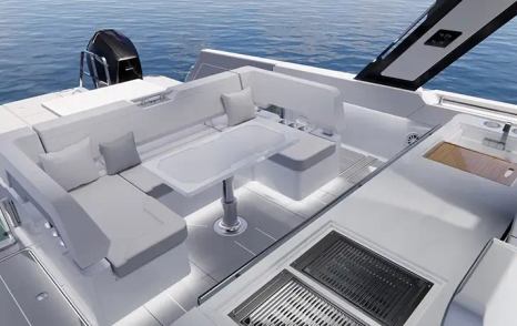 Rendering of Aquila 45 Sport boat aft deck U-shaped seating 