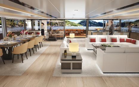 CGI of spacious main salon on Spaceline 100 Hybrid