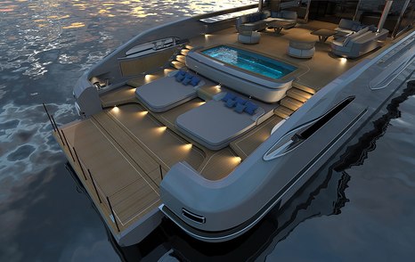 Baglietto T52 view of aft deck at night with pool and deck extended