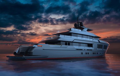 Rear view of CGI  Cantiere delle Marche EXP 42 explorer yacht at sea