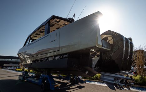 Forte 47 Gran Turismo dayboat on trolley on way to launch