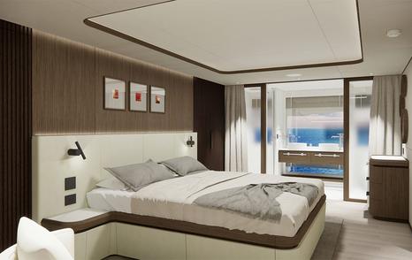 Rendering of Lazzara LPC 300 catamaran master cabin