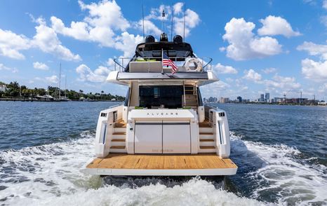 Ferretti motor yacht Alveare stern view of beach club 
