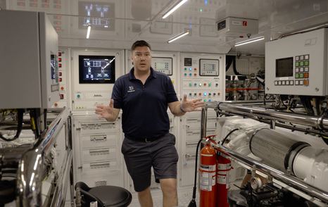 Benetti Oasis 34M engine room showing the spacious layout, engineering access and technical equipment supporting extended cruising.