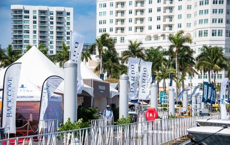 Palm Beach International Boat Show 2026 walk way with background skyscrapers and palm trees