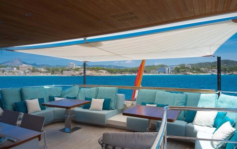 Sanlorenzo SD126 Motor Yacht Kia Ora aft deck L-shaped blue seating