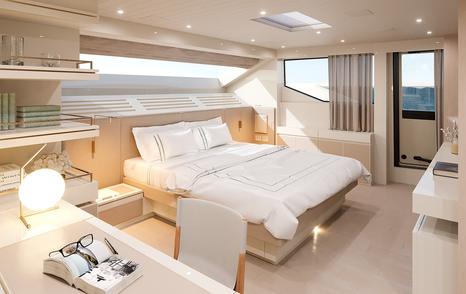 Rendering of SL106 Asymmetric motor yacht master cabin