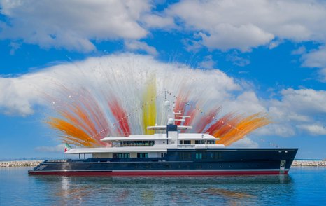 Superyacht Cerulean (ex Project Thunderball) at launch with multicoloured confetti 