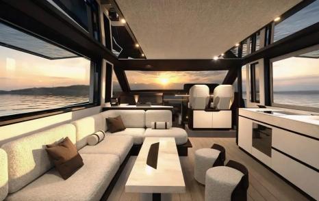 Rendering of Bellini Astor 68 motor yacht main saloon with L-shaped white sofa 