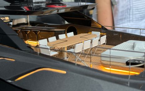 Model of BRABUS AB150 Motor Yacht upper deck with alfresco dining