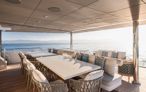 Explorer yacht Mitan main aft deck shaded alfresco dining 