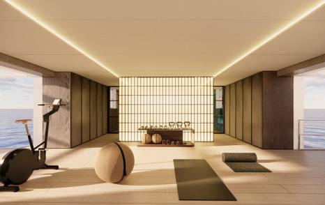 Motor yacht Benetti Oasis 42M gym with spin bike and other gym amenities 