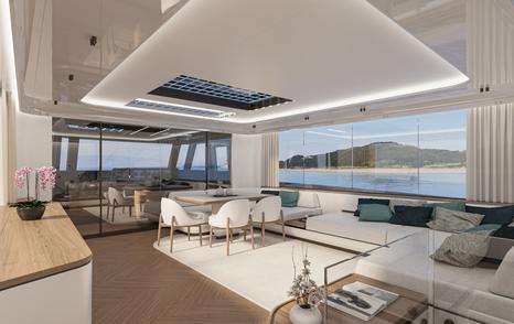 Rendering of Extra X90 Fast motor yacht main salon with L-shaped seating and dining area
