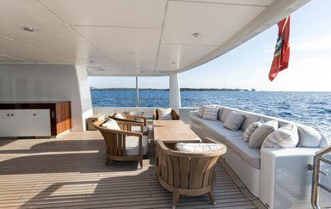 Superyacht Were Dreams aft deck shaded alfresco dining