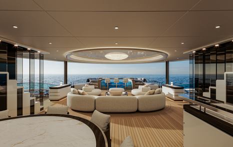 Rendering of ISA Amarcord 82 superyacht aft deck with circular seating 