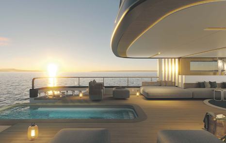 Rendering of Benetti Motopanfilo 45M motor yacht main aft deck infinity swimming pool 