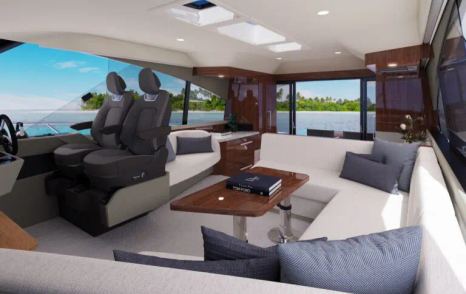 Rendering of Maritimo S50 motor yacht interior with forward white seating 