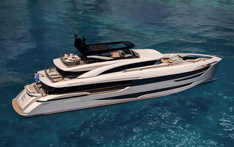 rendering of the Ilumen yacht Peppermint with white exterior and black windows at anchor on blue waters