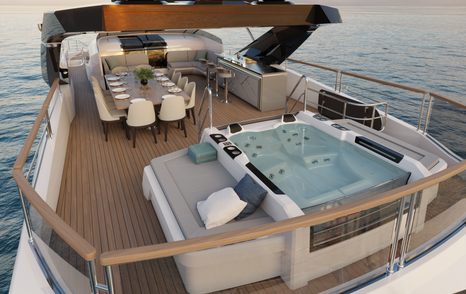 Flybridge area on Sunseeker 100 Yacht with comfortable seating and dining space