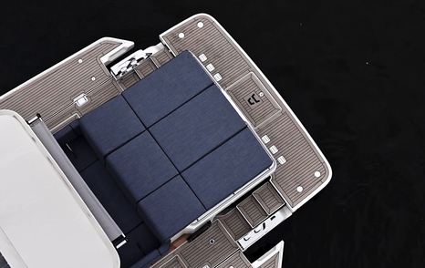 Top-down view of the Aiata Sunfinder 50 aft deck with large sun pad and extended bathing platform.