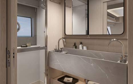 Prestige F6.7 motor yacht ensuite with marble sink 