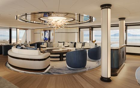 Rendering of superyacht Project Bond main salon with curved white seating 