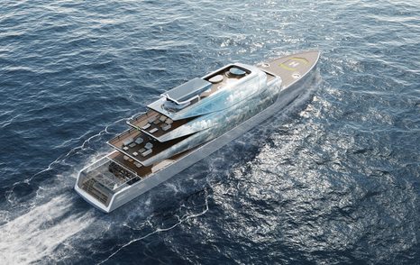 Aerial view of superyacht PEGASUS, rendering of concept design, surrounded by sea.