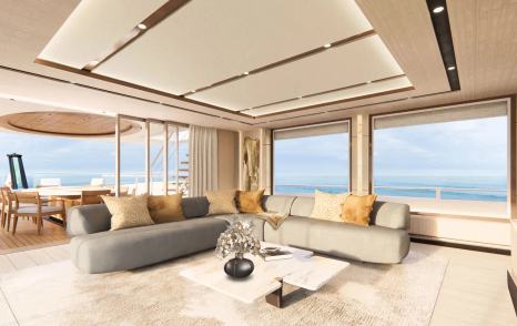 Rendering of NL 50 Plus Superyacht saloon with L-shaped sofa