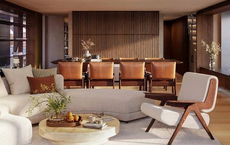 Rendering of Benetti Oasis 36M Superyacht main salon dining area and seating 